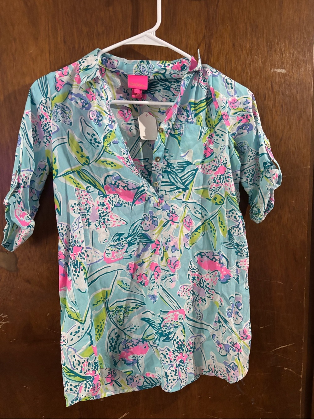 Lilly Pulitzer Aqua Floral Popover with Pink & Green Accents